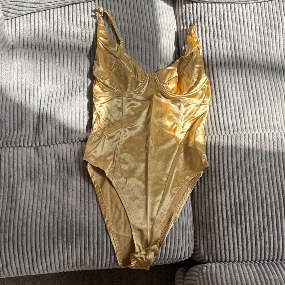 Gold Satin Bodysuit with Underwire Cups